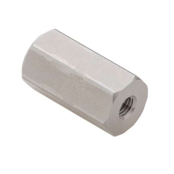 Coupling Nut Reducer, M4 and M5, 18-8 Stainless Steel, Not Graded, Plain, 25 mm Lg, 13 mm Hex Wd