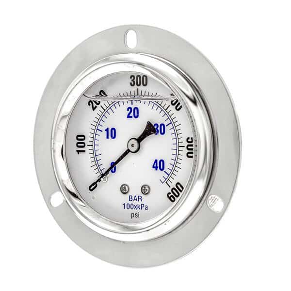 Gauge, 2.5", 0/600psi, 1/4"CBM, Frt Flange, 2 1/2 in Dial, 1/4 in NPT Male Center Back Location