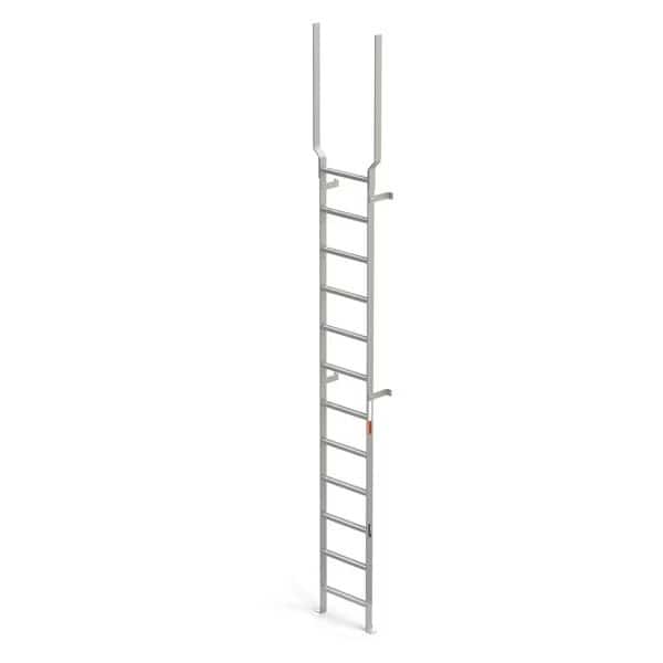 Vertical Ladder, 12 Rungs, Handrail Extensions, 15'3" Overall Height, 16"W Steps, Stainless Steel