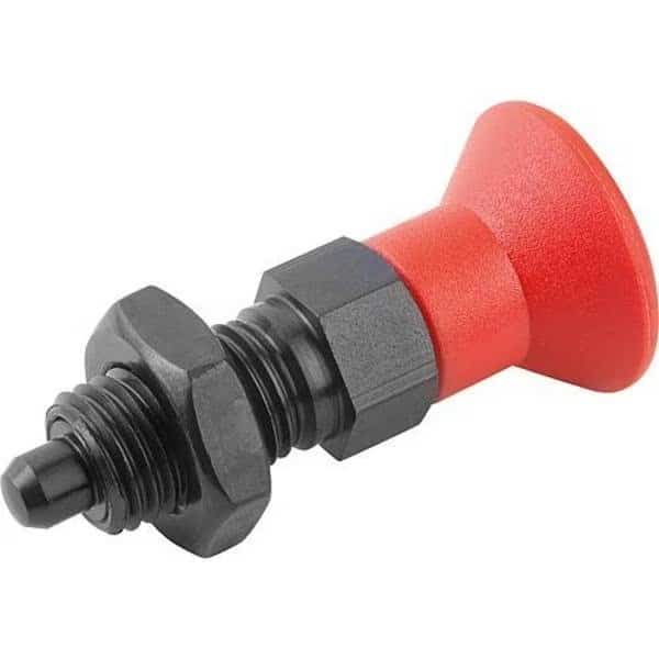 Indexing Plunger Red D1= M16X1, 5, D=8, Style B, Non-Lockout w Locknut, Steel Hardened, Knob Plastic