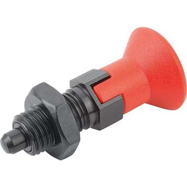 Indexing Plunger Red D1= M08X1, D=4, Style D, Lockout Type w Locknut, Steel Hardened, Knob Plastic