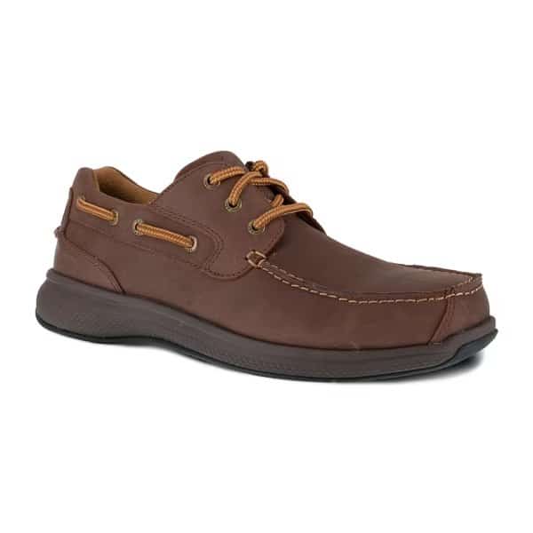 Men's Boat Shoe, Steel Toe, Leather Upper, Rubber Outsole, Lace Up, Brown, 7 1/2 D