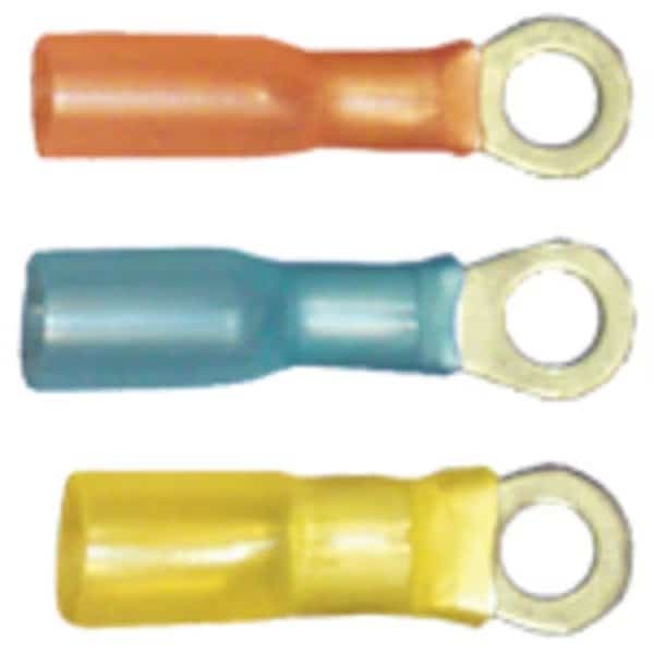 Ring Terminal, 5/16 in Stud Size, 14 AWG, 600 V, Heat Shrink Insulated, Blue, 10 PK