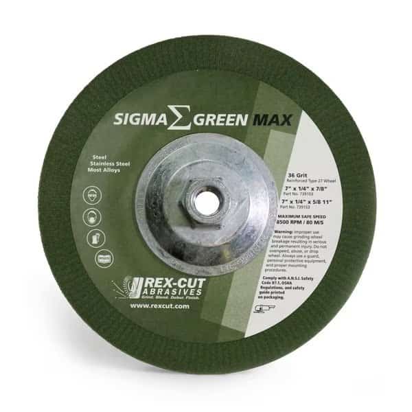 Sigma Green Max Grinding Wheel, 7 x 1/4 x 5/8-11", 36Grit