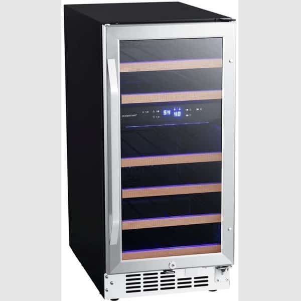 15 Inch Wide 26 Bottle BuiltIn Dual Zone Wine Cooler with Reversible Door and LED Lighting