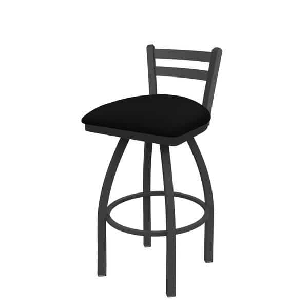 30" Low Back Swivel Bar Stool, Pewter Finish, Black Vinyl Seat