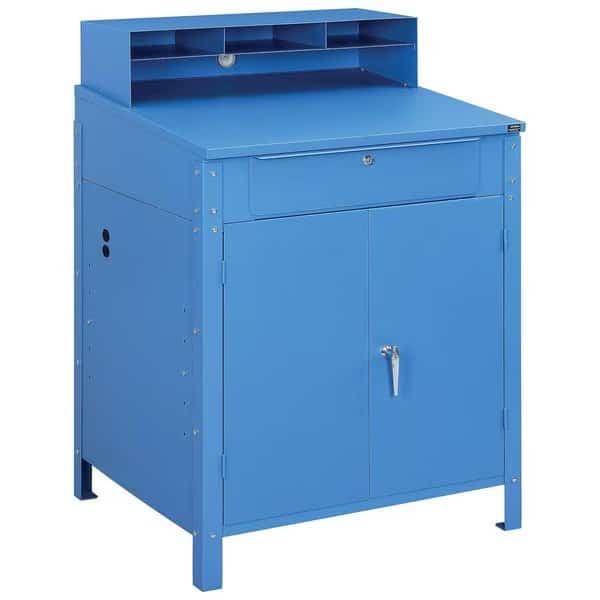 Shop Desk w/Lower Cabinet, Pigeonhole Compartments, 34-1/2W x 30D x 51-1/2H, Blue