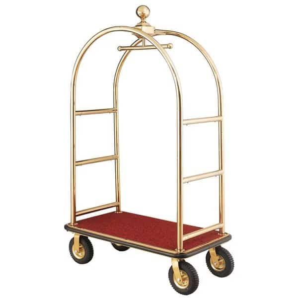 Gold Stainless Steel Bellman Cart Curved Uprights 8 Pneu. Casters, 41-1/4L x 24W x 75H