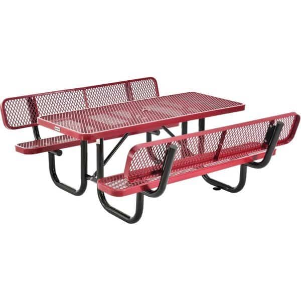Rectangle Picnic Table w/ Backrests, Red, Expanded Metal, 6 ft L
