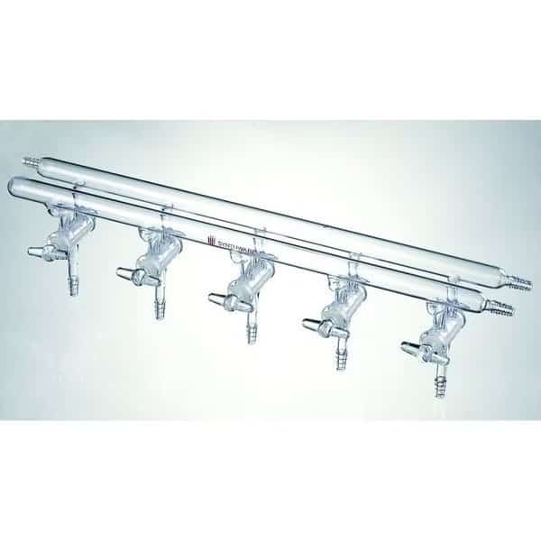 MANIFOLD, HIGH VACUUM SOLID GLASS STOPCOCKS, 5 PORT, 450mm.