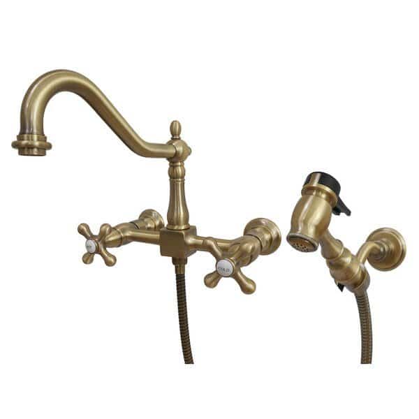 KS1243AXBS 2-Handle 8" Wall Mount Kitchen Faucet with Brass Sprayer