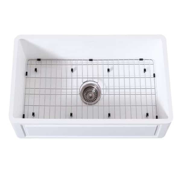 Farmhouse Single Bowl Kitchen Sink W/ Strainer & Grid, White/