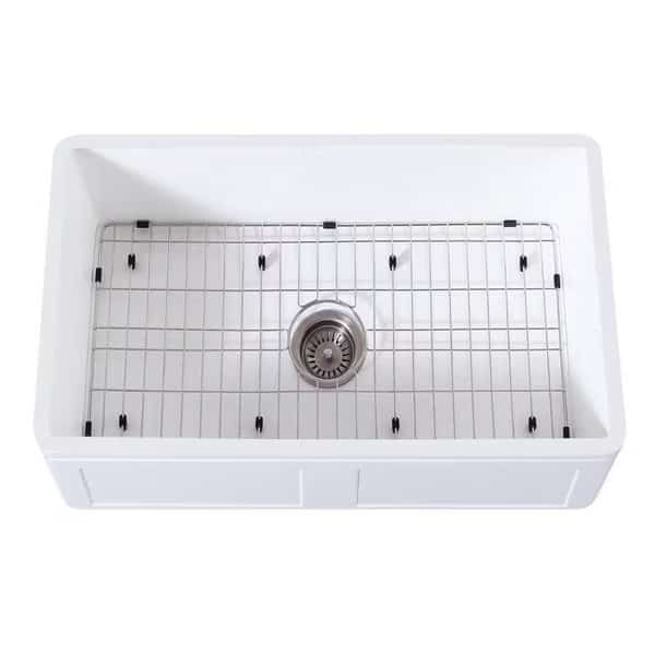 Farmhouse Single Bowl Kitchen Sink W/ Strainer & Grid, White/