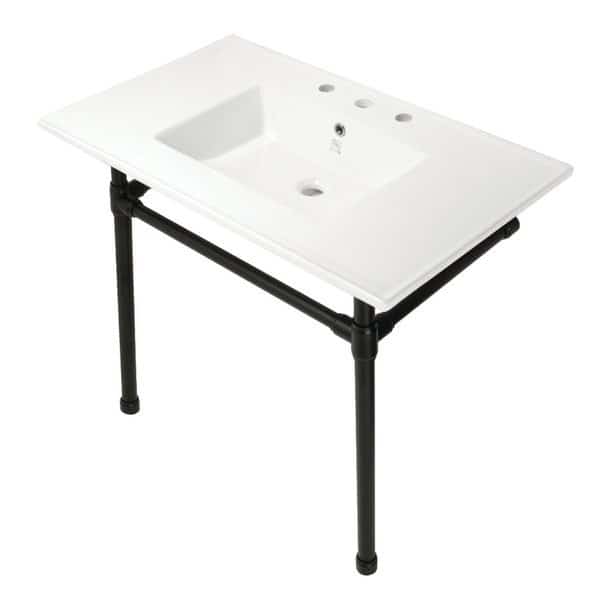KVPB37227W80 37-Inch Console Sink with Stainless Steel Legs (8-Inch, 3 Hole), White/Matte Black