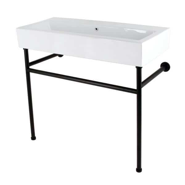 39 Porcelain Console Sink with Stainless Steel Legs, WhiteMatte Black
