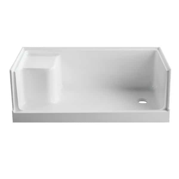 VTSB603221R 60" x 32" Anti-Skid Single Threshold Shower Base with Seat, Right Hand Drain, White