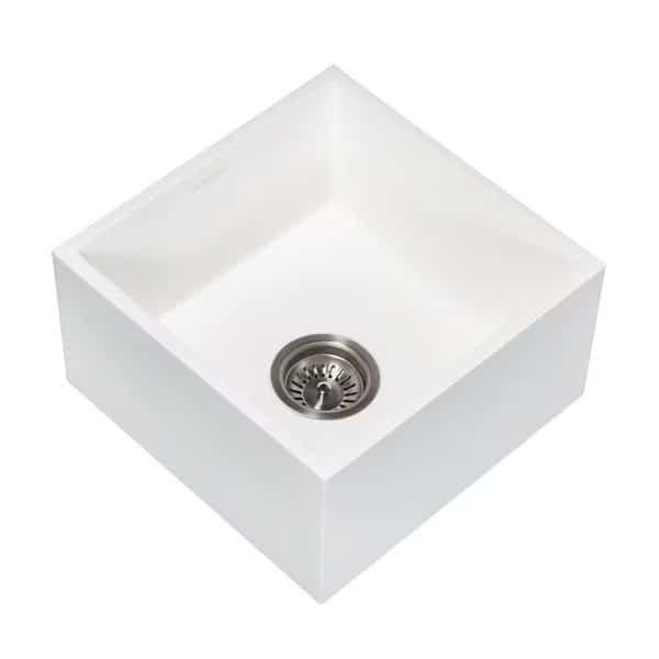 Solid Surface Undermount 15" Square Sgl Bowl Bar Sink W/ Drain, Wht
