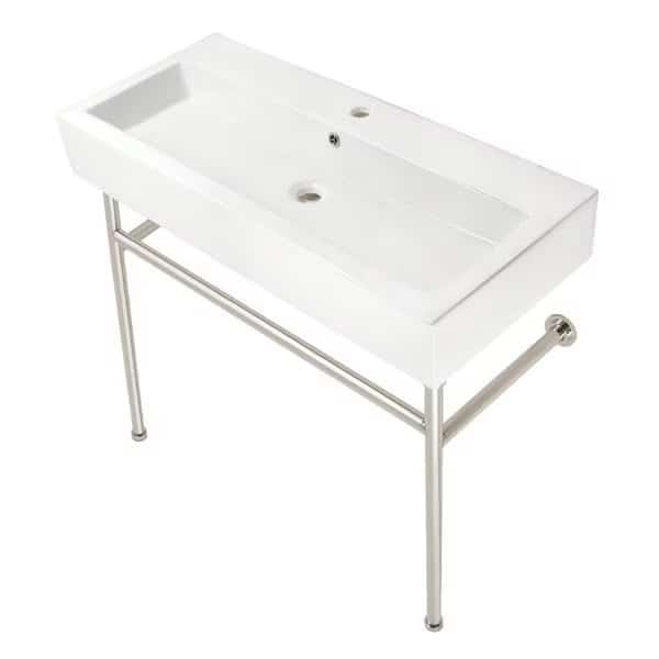 39" Porcelain Console Sink w/Stainless Steel Legs (Single-Hole), White/Polished Nickel