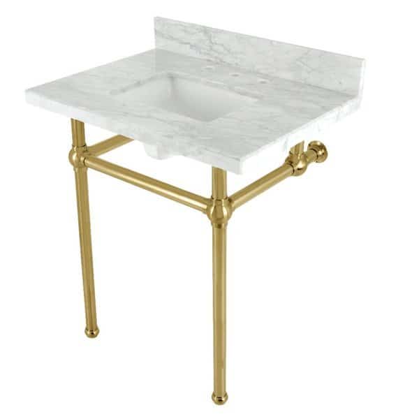 30 Console Sink with Brass Legs 8Inch, 3 Hole, Marble WhiteBrushed Brass