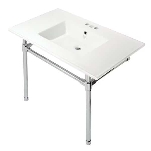 KVPB37227W41 37-Inch Console Sink with Stainless Steel Legs (4-Inch, 3 Hole), White/Polished Chrome, Fauceture, Mfr#: KVPB37227W41