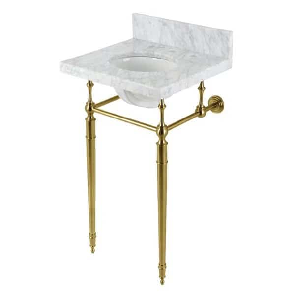 19 Carrara Marble Console Sink with Brass Legs 8 Faucet Drillings, Marble WhiteBrushed Brass