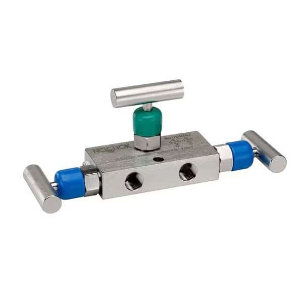 3 Valve Manifold, Hard Seat, 1/2 NPT Female x 1/2 NPT Female, 316 SS, PTFE Packing, 0.187" Orifice