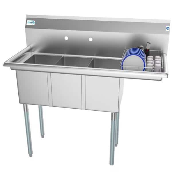 3 Compartment Stainless Steel Commercial Kitchen Sink with Drainboard - Bowl Size 10" x 14" x 10"