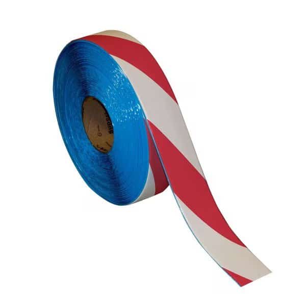Floor Marking Tape, 2in x 100Ft , Red/White Hazard Stripe