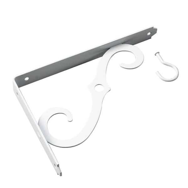 8 in Outdoor Ornamental Planter Hanger and Shelf Support Bracket with Swivel Hook, White
