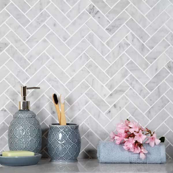 Sample, 1X3 Honed Carrara Herringbone 12.8"x11.9" Marble Mosaic Tile, Apollo Tile, Mfr#: APLKB99H05PEC29 Sample