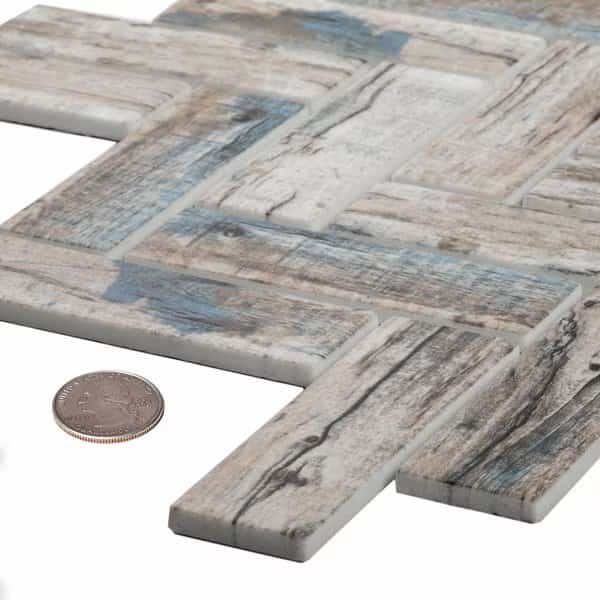Sample of Blue/Beige Herringbone 11"X12.6" Recycled Glass Mosaic Tile