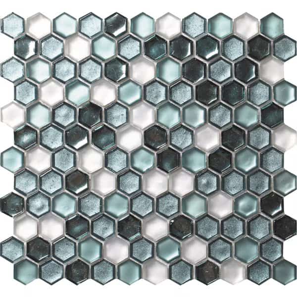 Sample of Turtle Green 10.8"x11.5" Hexagon Glass Mosaic Tile, Apollo Tile, Mfr#: APLAHX9904EC01 Sample