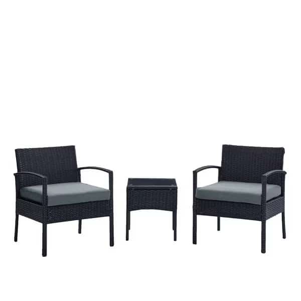 Noli  Steel Rattan 3-Piece Patio Conversation Set with Cushions in Grey