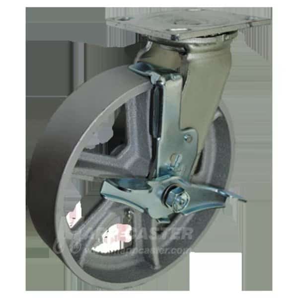 8"X2" Cast Iron Wheel Swivel Caster with Brake - 1,250 Lbs Capacity