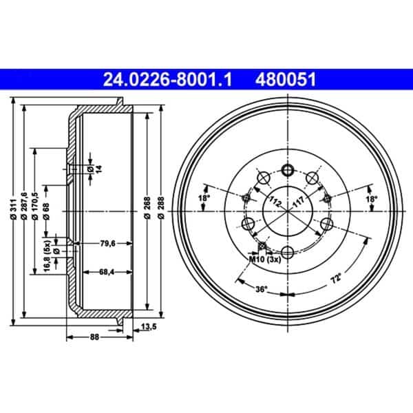 Rear Brake Drum, 480051, Ate, Mfr#: 480051