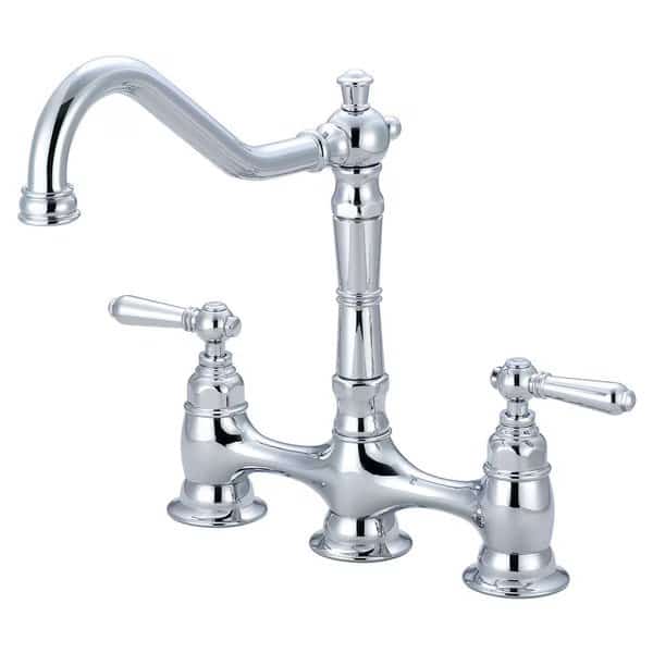 Two Handle Kitchen Bridge Faucet, NPSM, Bridge, Polished Chrome, Number of Holes: 3 Hole