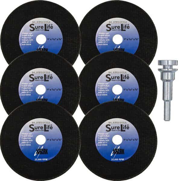 3" x 1/32" x 3/8" Zirconia Sure-Life Cut-off Wheels w/Mandrel 60 Grit - 6 Pk
