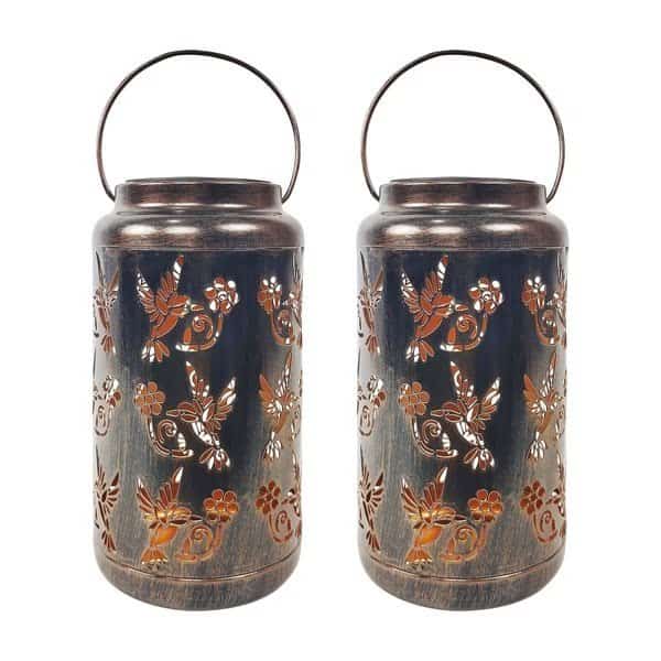 Bliss Outdoors Set of 2 Solar LED Lanterns w Humming Bird Design  Hand Painted Finish