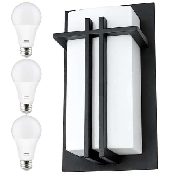 Square Wall Sconce Lght, E26, 9W LED 60W Equiv 3000K A19 Bulb, Indoor, Opal Shade, Matte Blk, 3PK