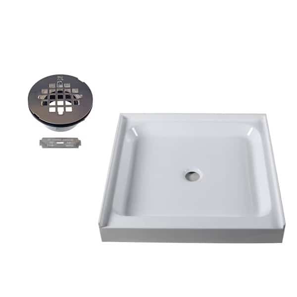 Shower Pan 36 x 36 3-Wall W/ Center Plastic  Drain W/ Modern Cross Grid in Polished Chrome