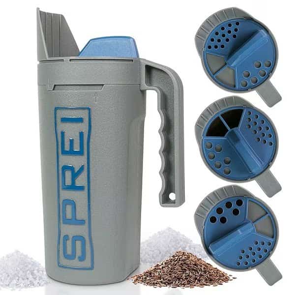 80 oz Handheld Spreader For Salt & Seed, Multiple Sized Openings for a Variety of Uses