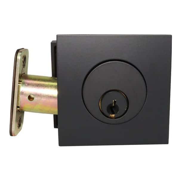 Square Single Cylinder Deadbolt for 1-3/8 in to 2-1/8 in Door w/Radius Latch Strike Flat Black