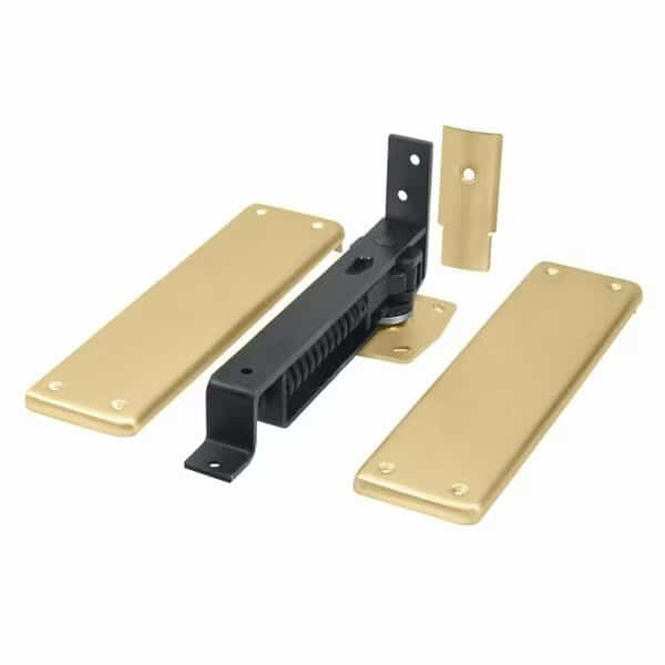 Spring Hinge; Double Action with Solid Brass Cover Plates Satin Brass Finish