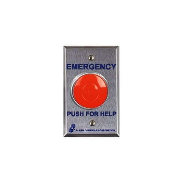 PBL1 Single Gang Red Mushroom Button Latching Satin Stainless Steel