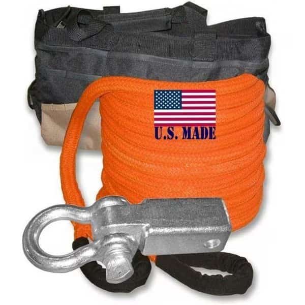 U.S. made "Safety Orange" Safe-T-Line Kinetic RECOVERY ROPE (Snatch Rope) - 1 inch X 30 ft with Receiver Shackle Bracket & HD Carry Bag (4X4 VEHICLE RECOVERY)