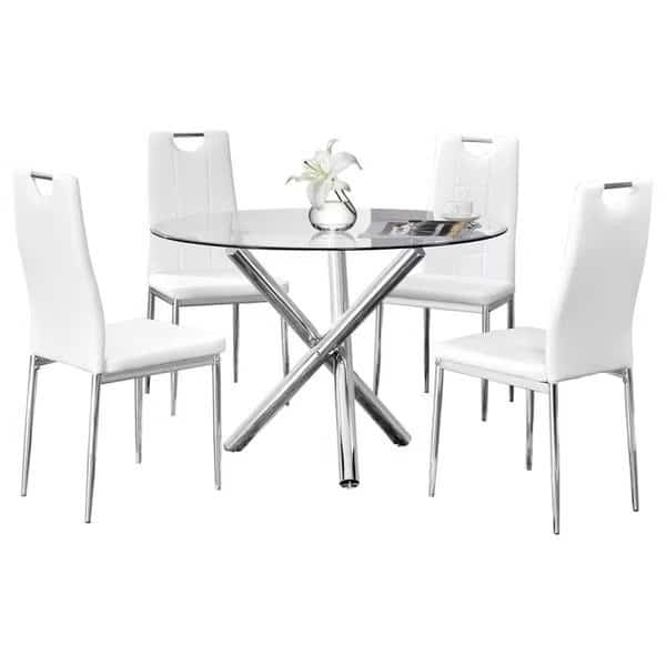 Best Master Furniture T248 White 5 Pcs Dinette 5 Piece Beverly Round Glass Dinette Set; White