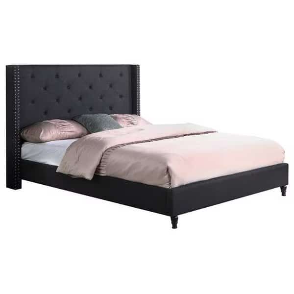 Best Master Furniture YY129 Black Queen Valentina Upholstered Linen Blend Wingback Platform Queen Bed; Black