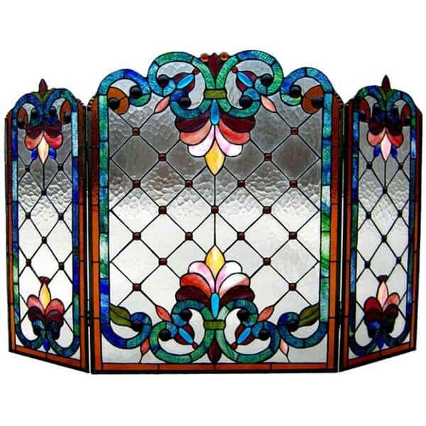 44 In. Lighting Tiffany Glass Folding Victorian Fireplace Screen, 3Pk