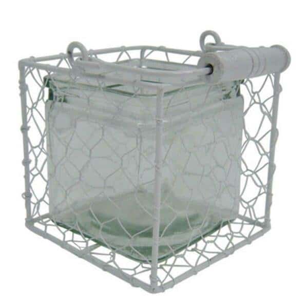 Rattan Square Glass Jar in Wire Basket, Brown - Small