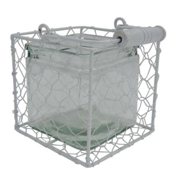 Rattan Square Glass Jar in Wire Basket, White - Large